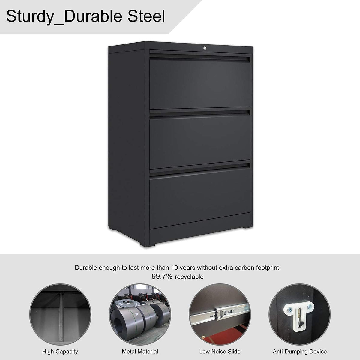 Black 3 Drawer Metal Lateral Filing Cabinet V656