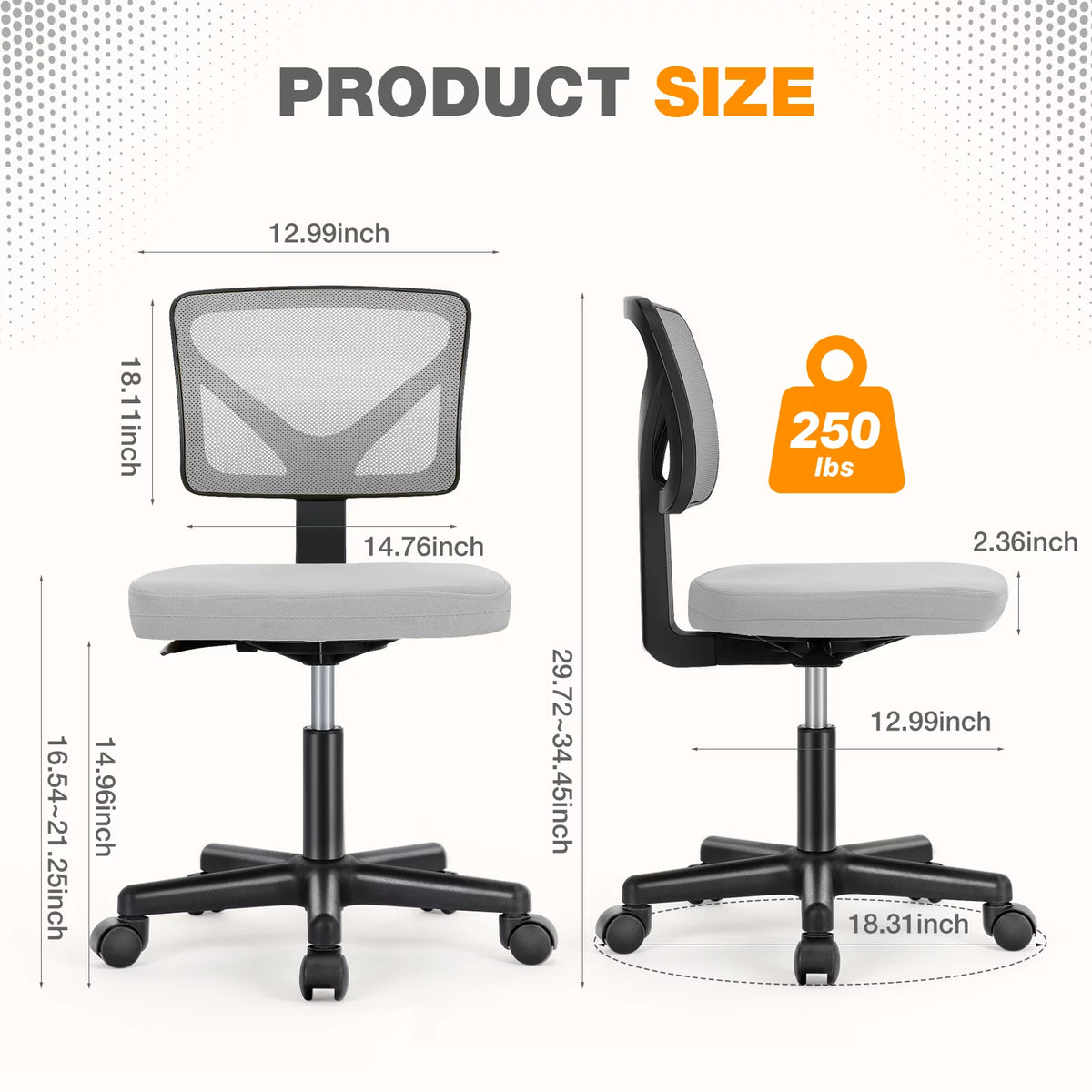 Armless Mesh Swivel Adjustable Low Back Task Chair Q529