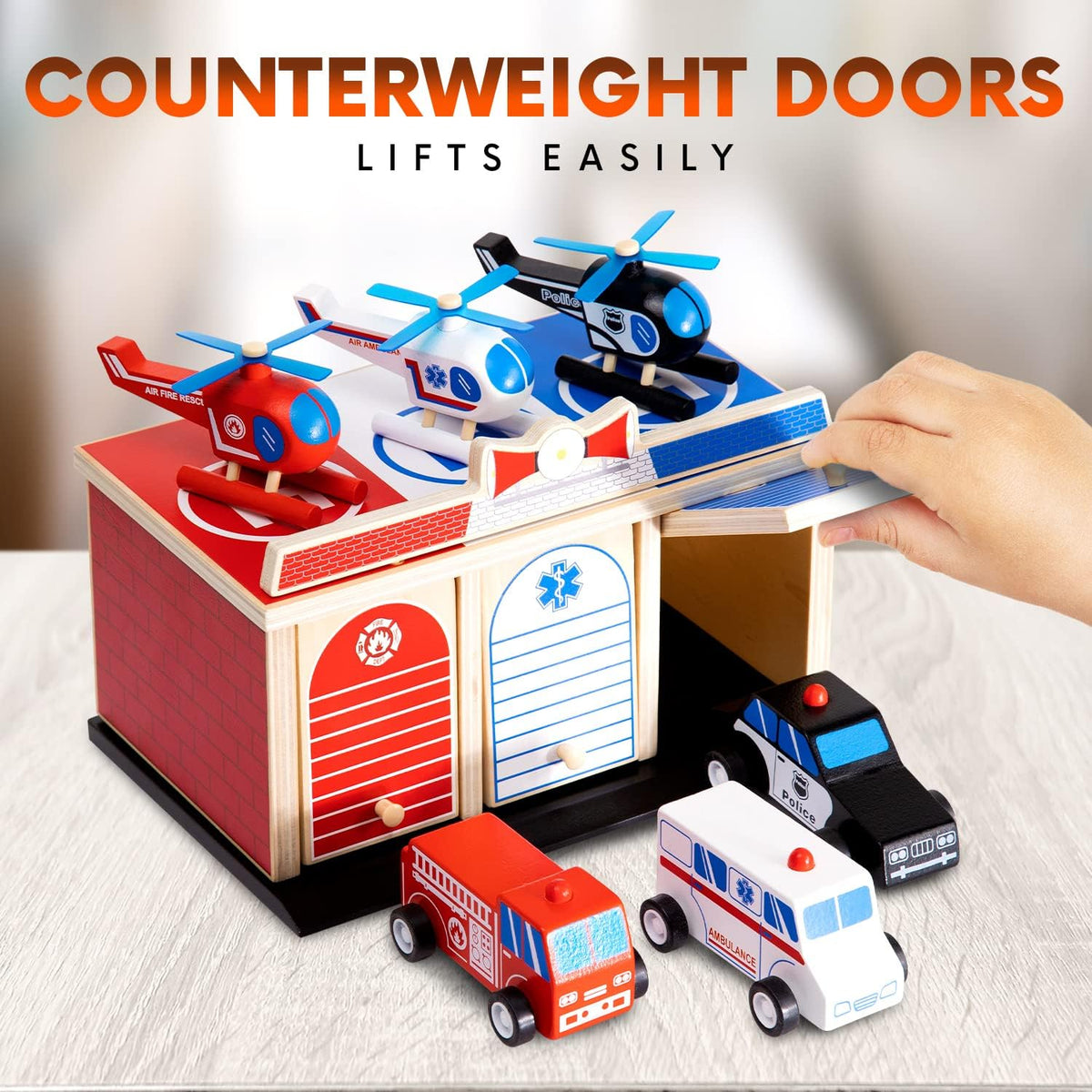 2-Level 3-Bay Parking Garage Toy Set with Fire Truck, Ambulance, Police Car, and 3 Rescue Helicopters P44319