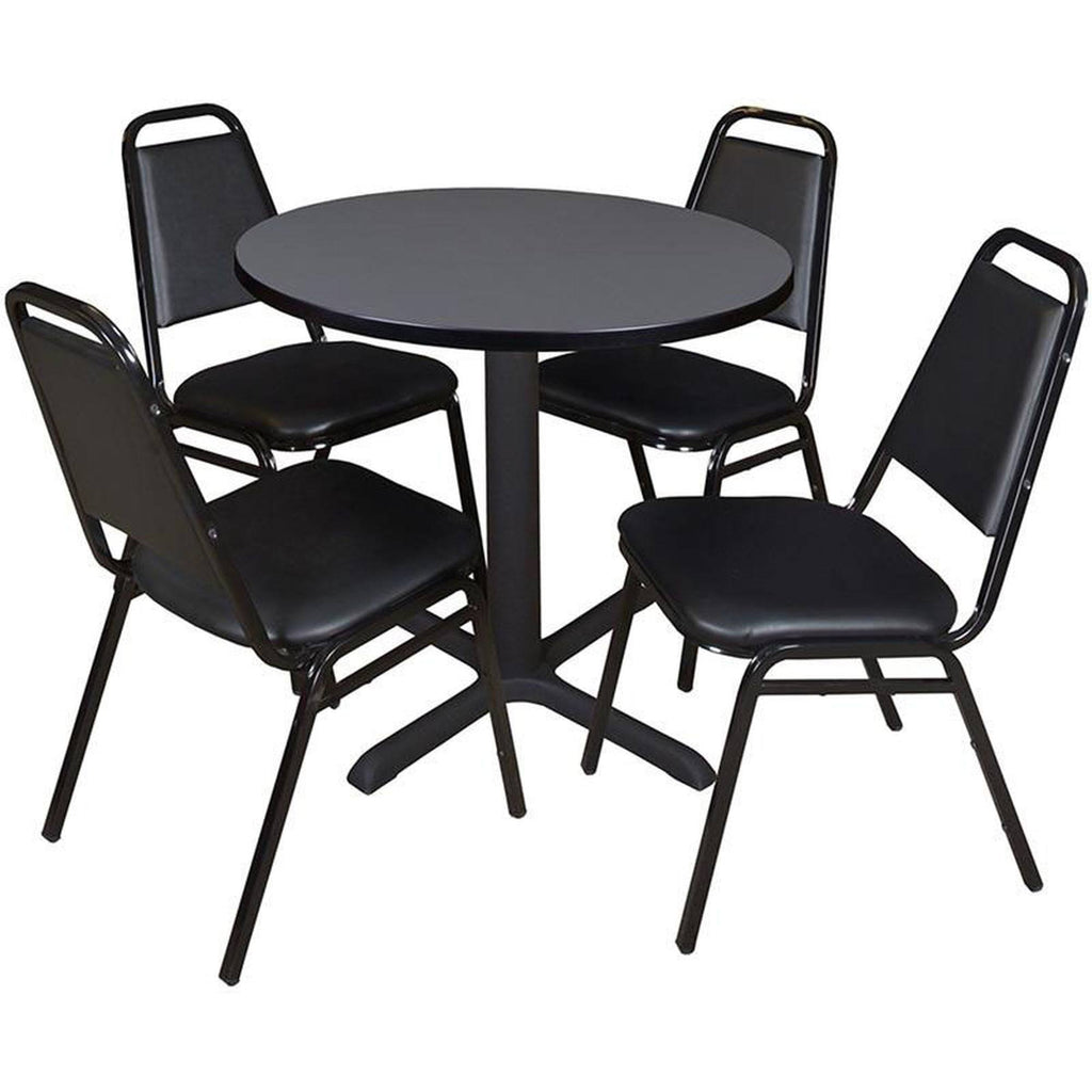 30x22 Round Breakroom Table Grey and 4 Restaurant Stack Chairs Black E8962
