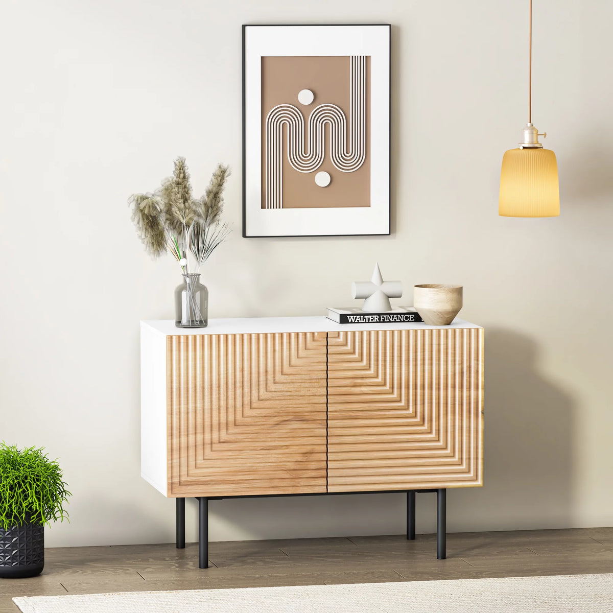 Mid Century Poplar Wood Sideboard Buffet Cabinet with Doors Q43431