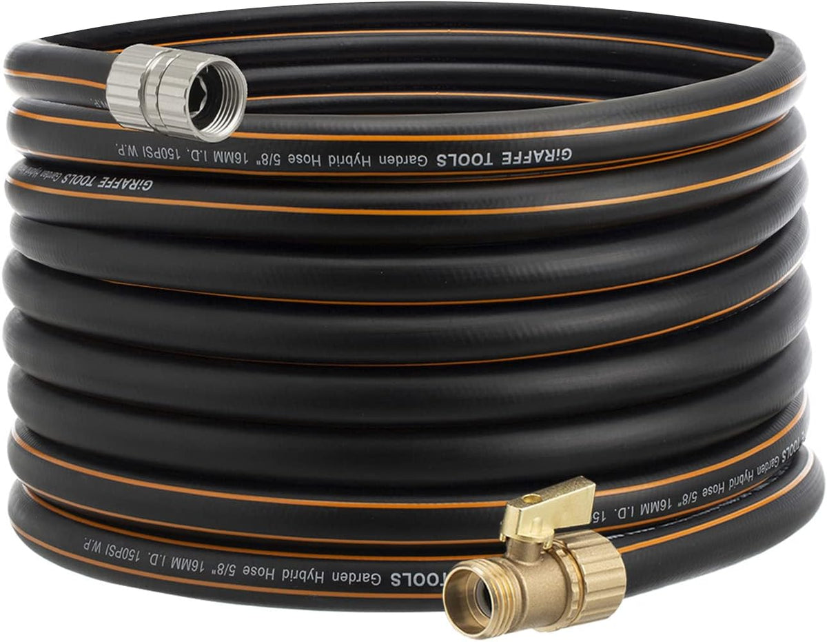Hybrid Garden Hose 50 ft x 5/8", Heavy Duty Rubber Water Hose, 3/4" Brass Connector with Shut off Valve, Pack of 2 R787073
