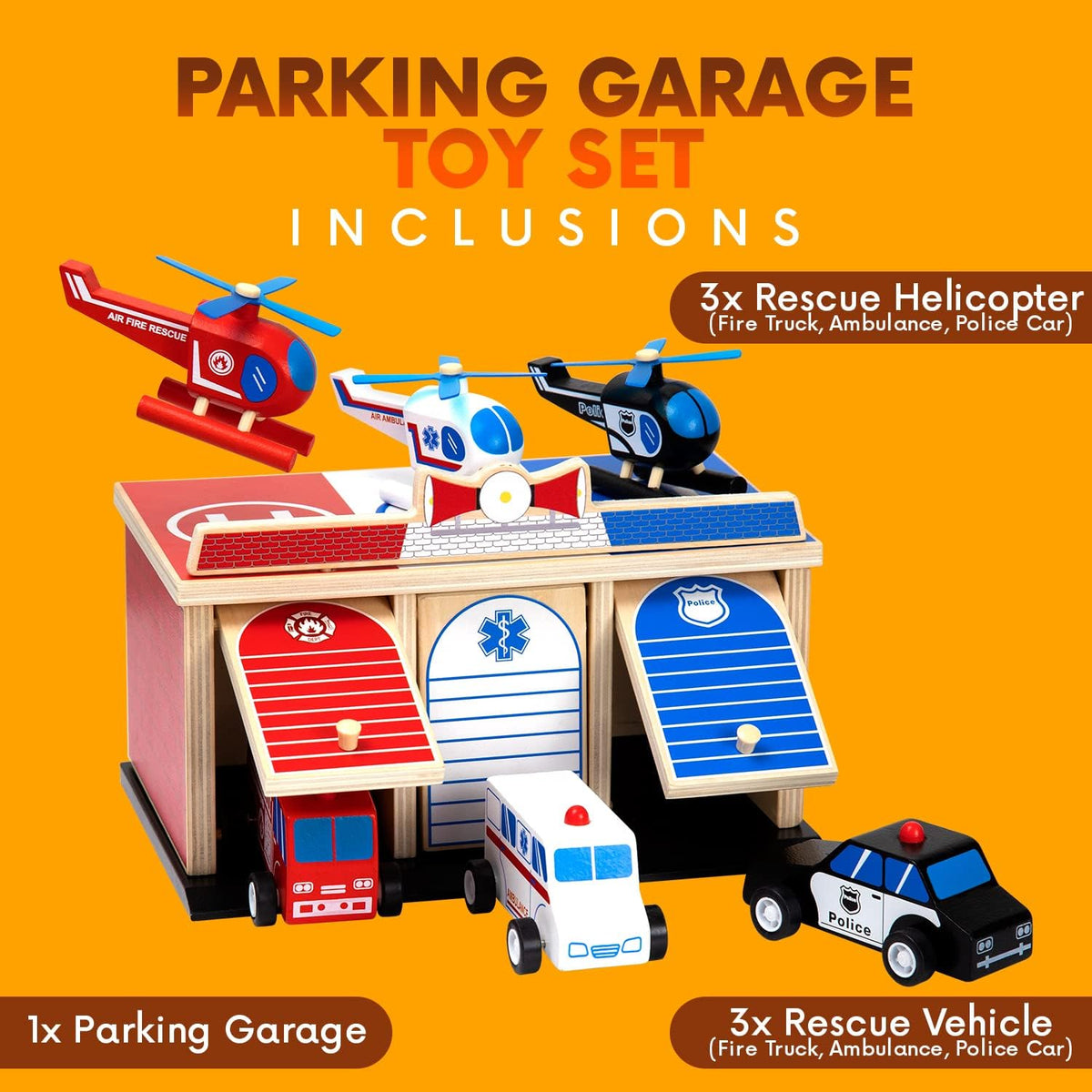 2-Level 3-Bay Parking Garage Toy Set with Fire Truck, Ambulance, Police Car, and 3 Rescue Helicopters P44319
