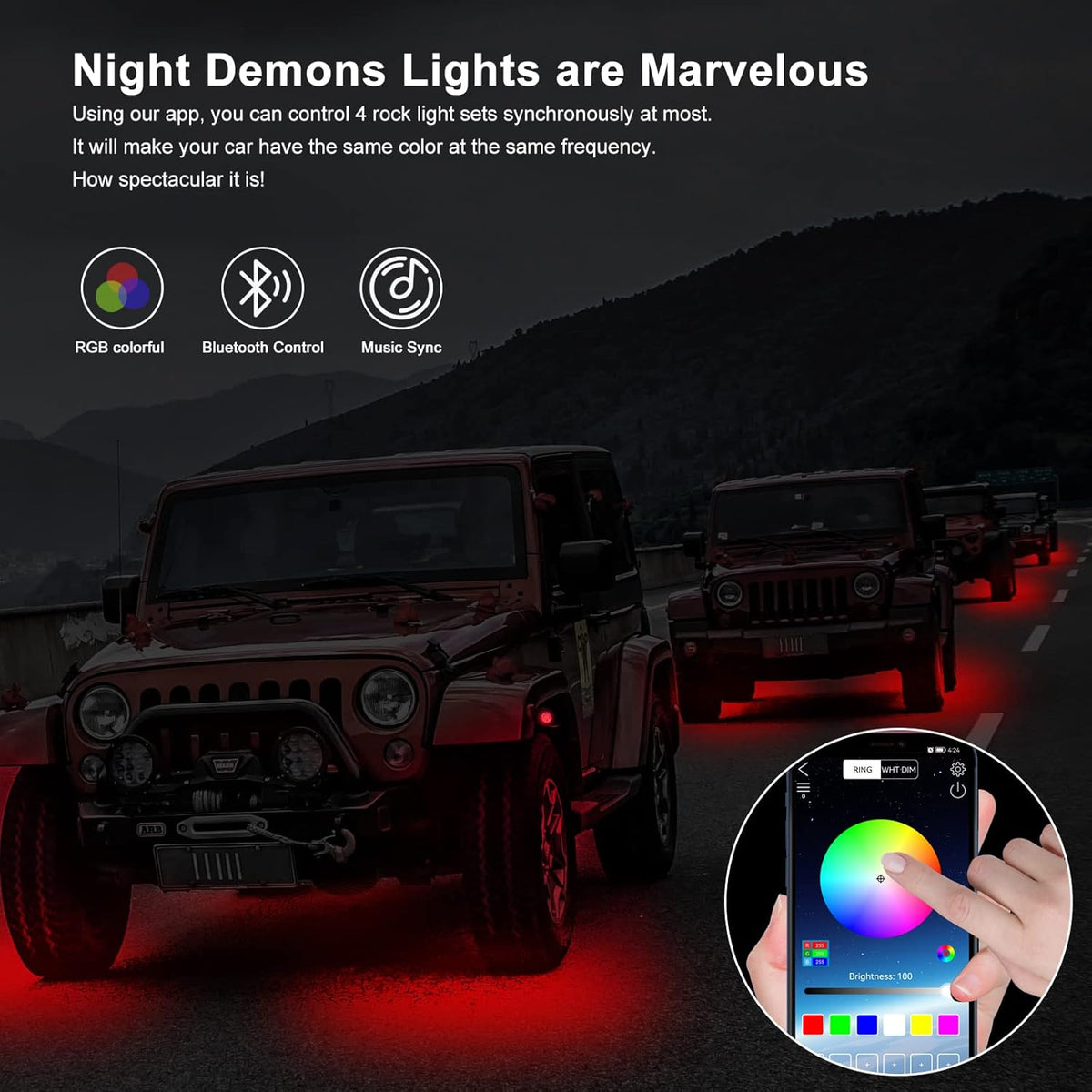 RGB LED Rock Lights 4 Pods Multicolor Waterproof Underglow Kit N1946