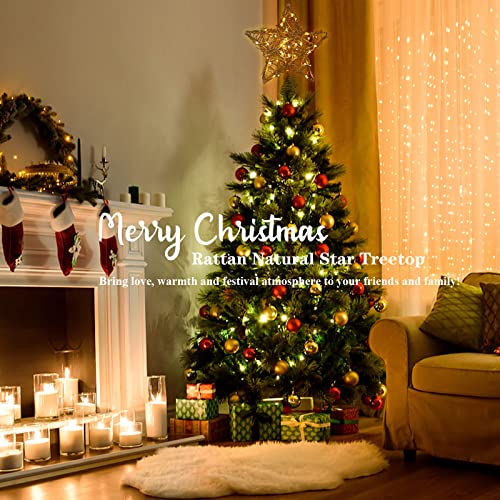 Rattan Natural Star Christmas Tree Topper with 50 Warm LED Lights D935717
