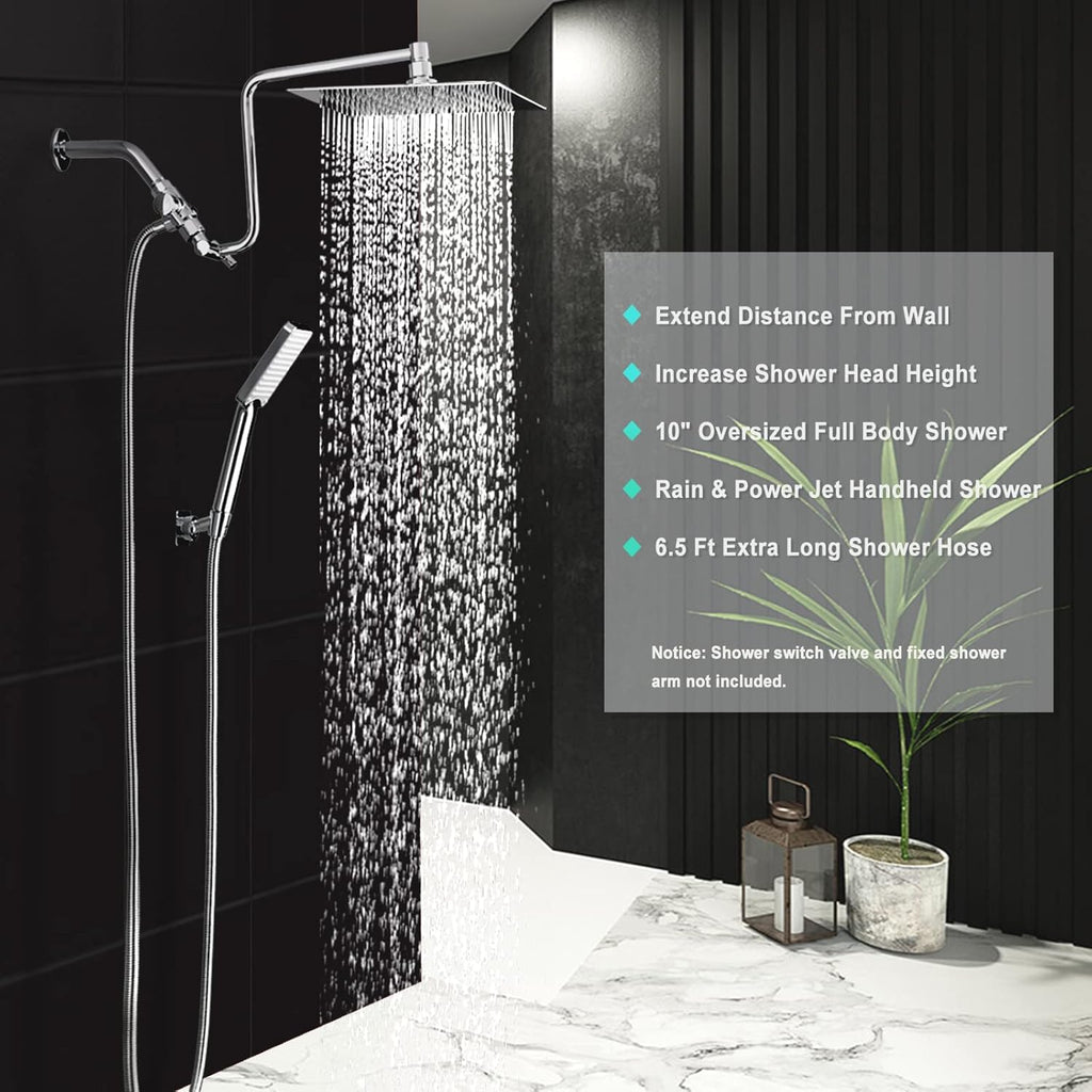 Chrome Rainfall Shower Head with Handheld Combo, Stainless Steel, Brass Holder, Extra Long Hose W88915