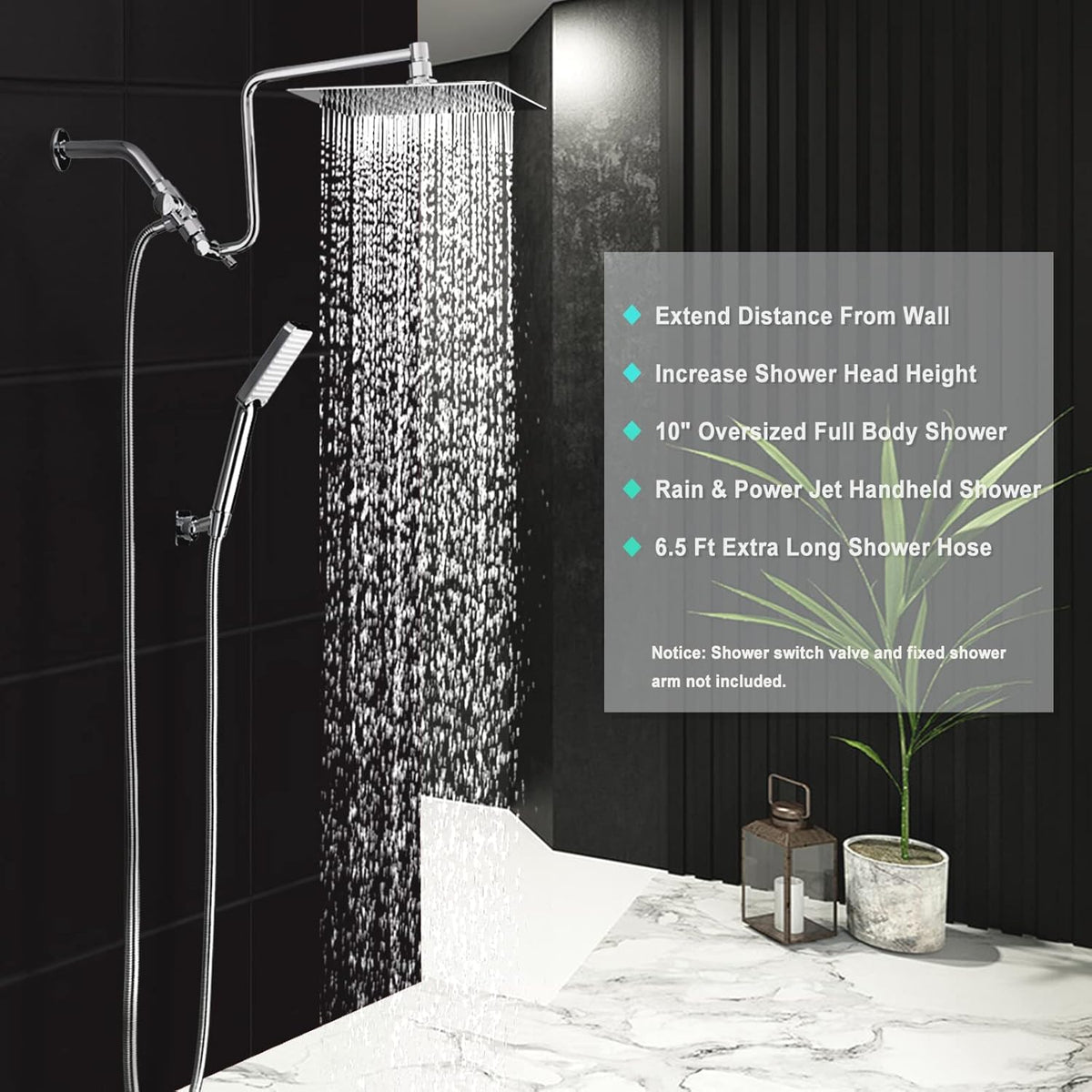 Chrome Rainfall Shower Head with Handheld Combo, Stainless Steel, Brass Holder, Extra Long Hose W88915