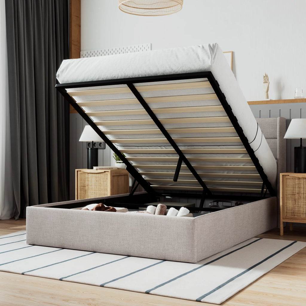 Beige Queen Size Lift Up Platform Bed Frame with Headboard M408145