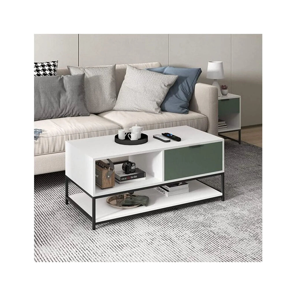 Vintage Wood Coffee Table with Shelves and Drawer N70458
