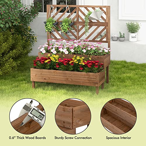 2-Tier Raised Wooden Garden Bed with Trellis W7257