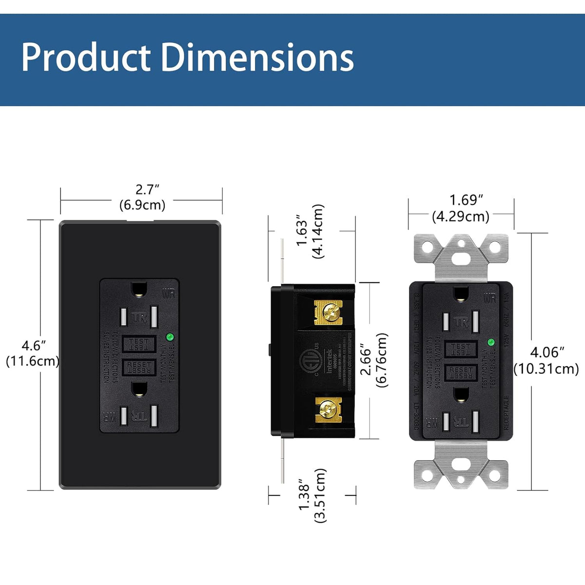 2 Pack 15Amp Tamper-Resistant Weather-Resistant GFCI Outlet Receptacles, Black J50721