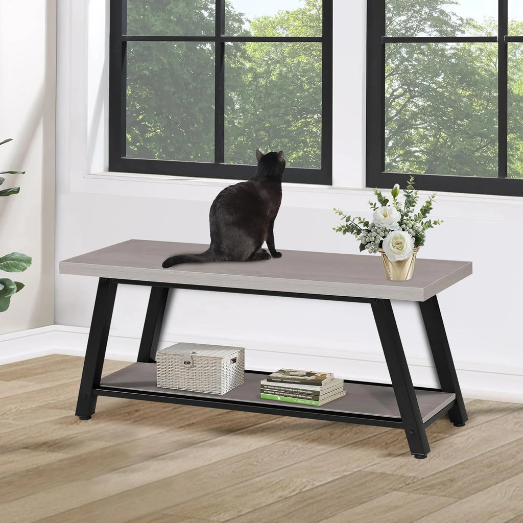 Light Grey and Black Wood Metal Bench I6070