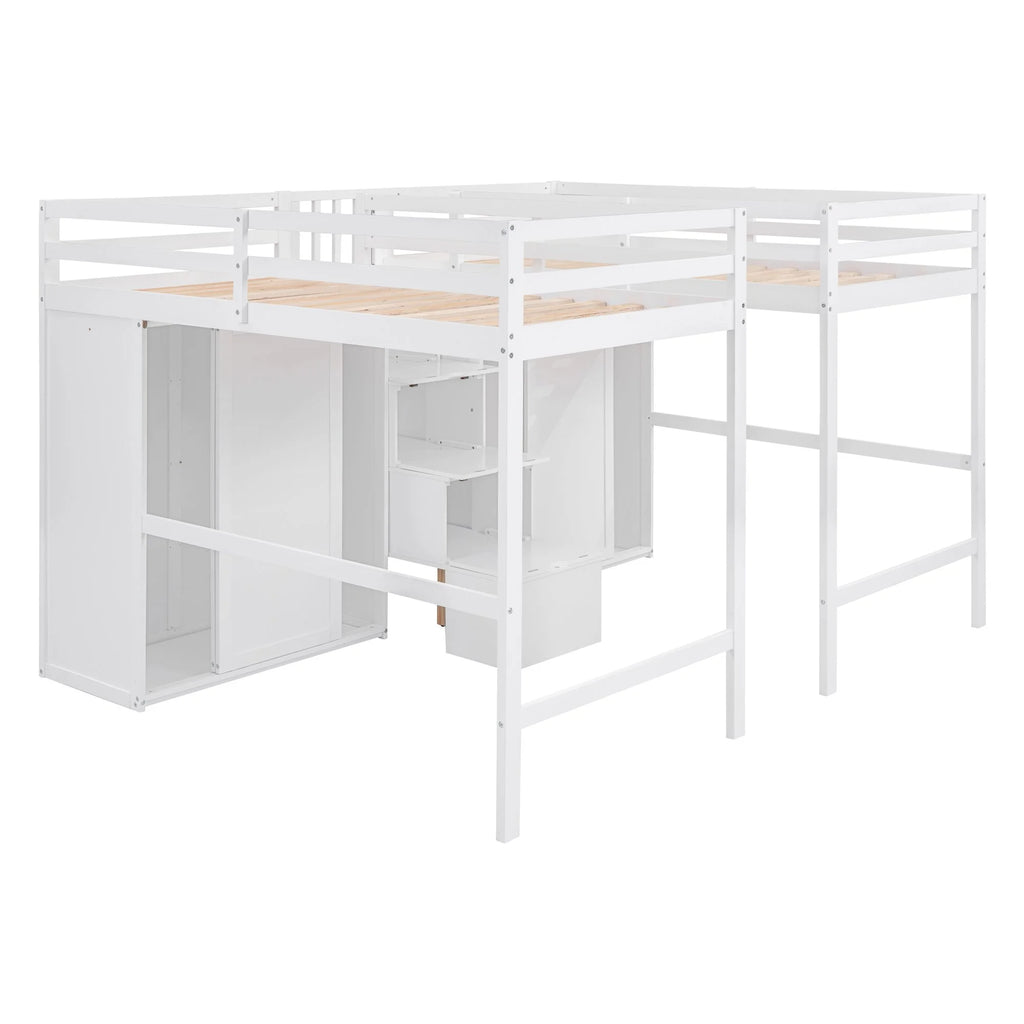 Solid Wood Double Twin Loft Bed with Wardrobes and Staircase G40517