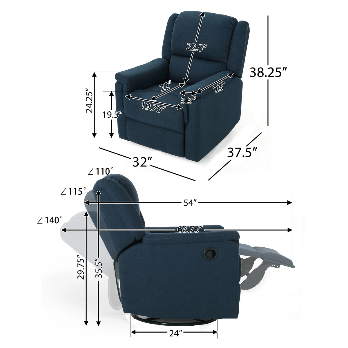 Navy Blue Fabric Tufted Swivel Glider Recliner U3341
