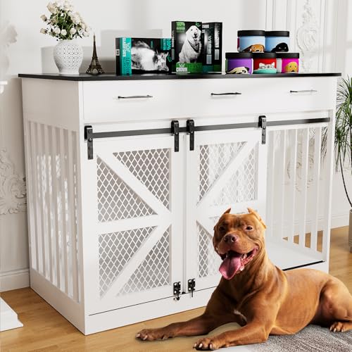 48'' Wooden Dog Crate Furniture with Divider and Storage Drawers S6348