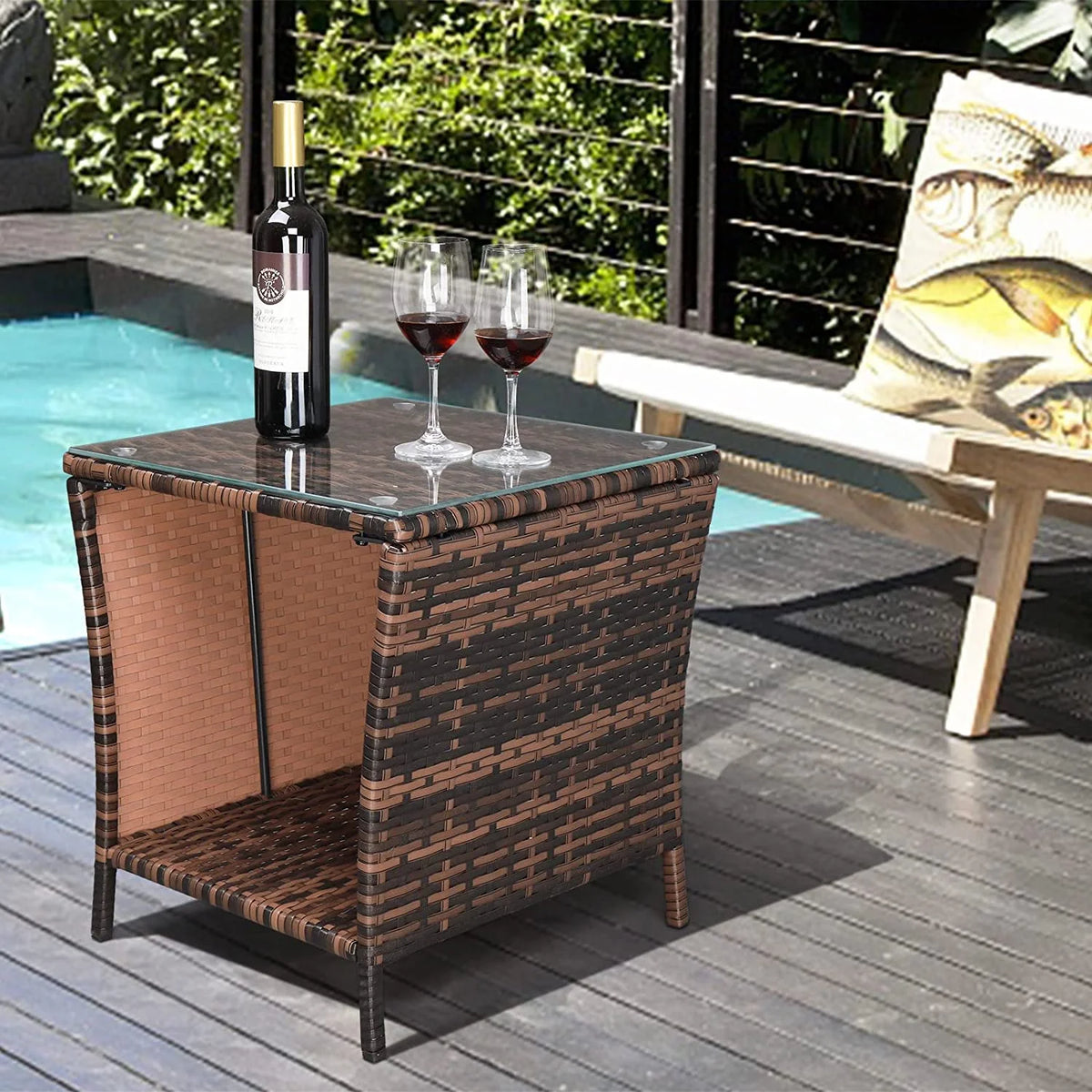 Rattan Side Table with Glass Top Storage R60048