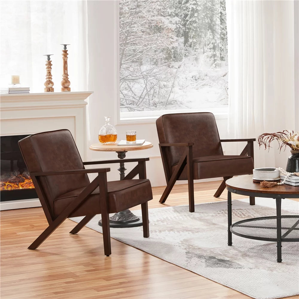 Faux Leather Accent Chair with Wood Legs Y34854