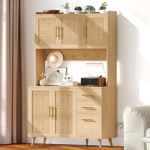 70.9" Rattan Kitchen Pantry Cabinet with Microwave Shelf H978878