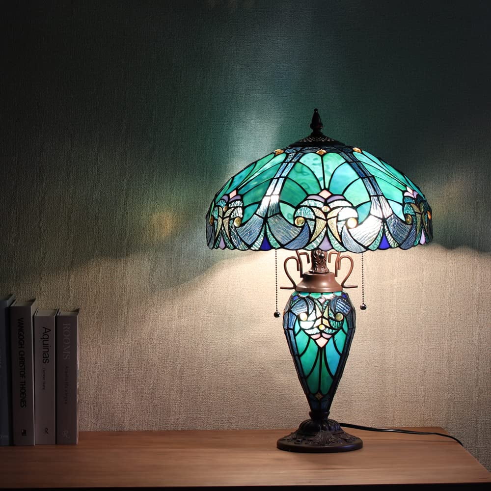 Tiffany Table Lamp 16" Wide Handmade Stained Glass Lamp Shade 3 Light Sea Green V4005