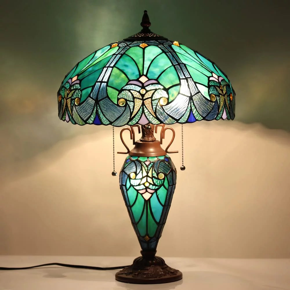 Tiffany Table Lamp 16" Wide Handmade Stained Glass Lamp Shade 3 Light Sea Green V4005