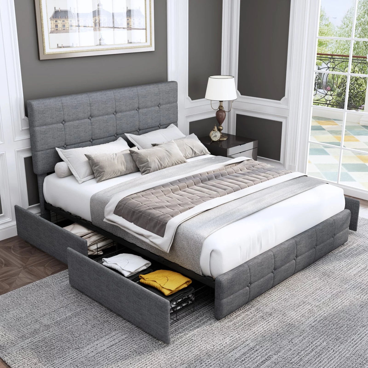 Queen Size 4 Drawer Tufted Upholstered Platform Bed Frame A725