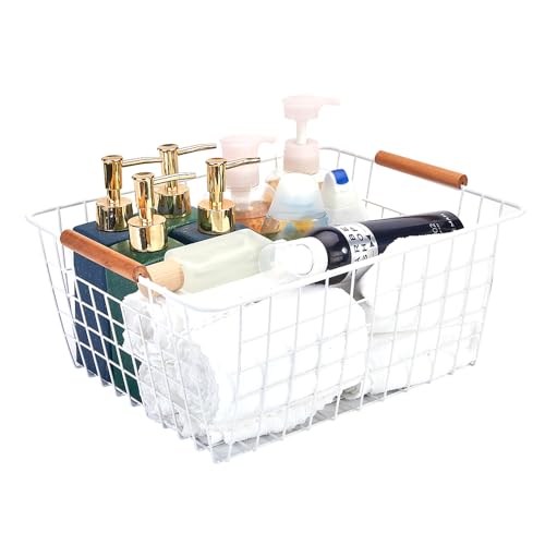 White Wire Baskets with Wooden Handles Set of 2 V34931