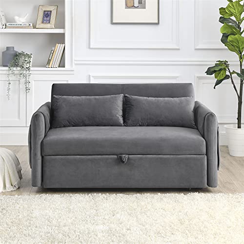 Blue Velvet Convertible Sleeper Sofa Bed with 2 Pillows W686