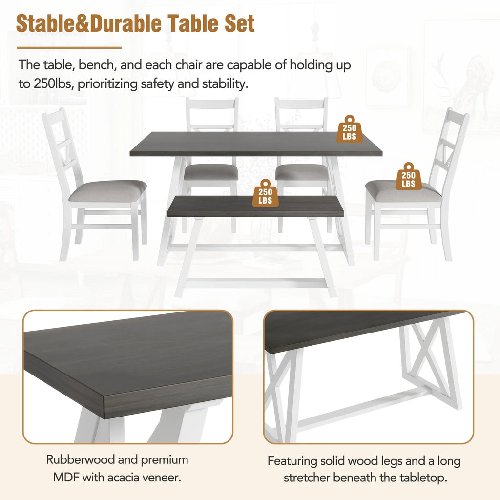 6-Piece Solid Wood Dining Table Set with 4 Upholstered Chairs & 1 Bench R382843