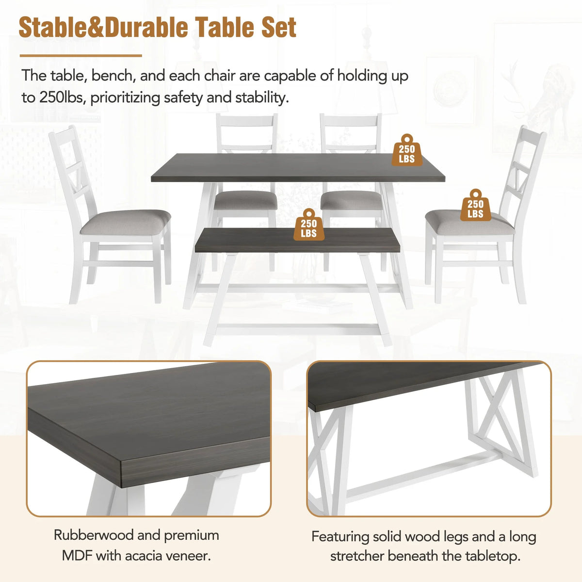 6-Piece Solid Wood Dining Table Set with 4 Upholstered Chairs & 1 Bench R382843