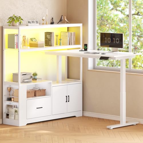 White L Shaped Standing Desk with Drawers & Hutch I543