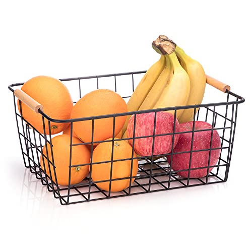 White Wire Baskets with Wooden Handles Set of 2 V34931