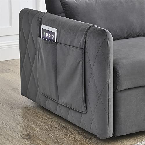 Blue Velvet Convertible Sleeper Sofa Bed with 2 Pillows W686