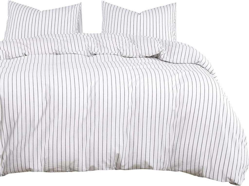 White Striped 100% Washed Cotton Queen Size Duvet Cover Set with Zipper Closure M880854