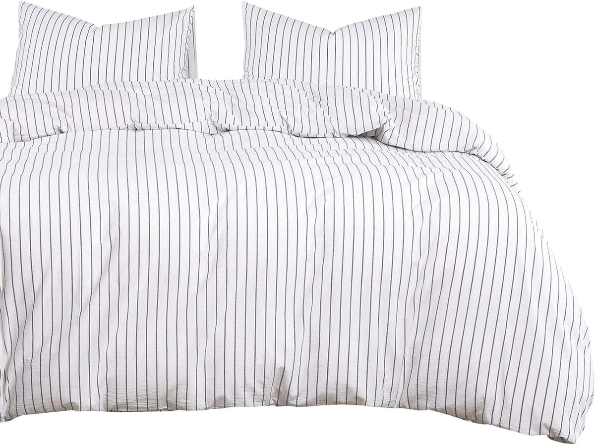 White Striped 100% Washed Cotton Queen Size Duvet Cover Set with Zipper Closure M880854