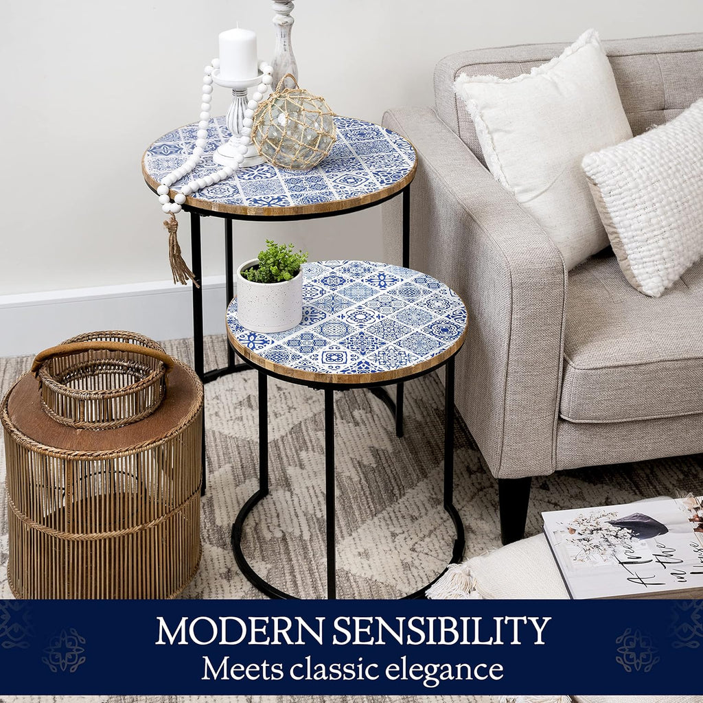 Set of 2 Blue and White Wooden Top Metal Frame Side Tables N9092