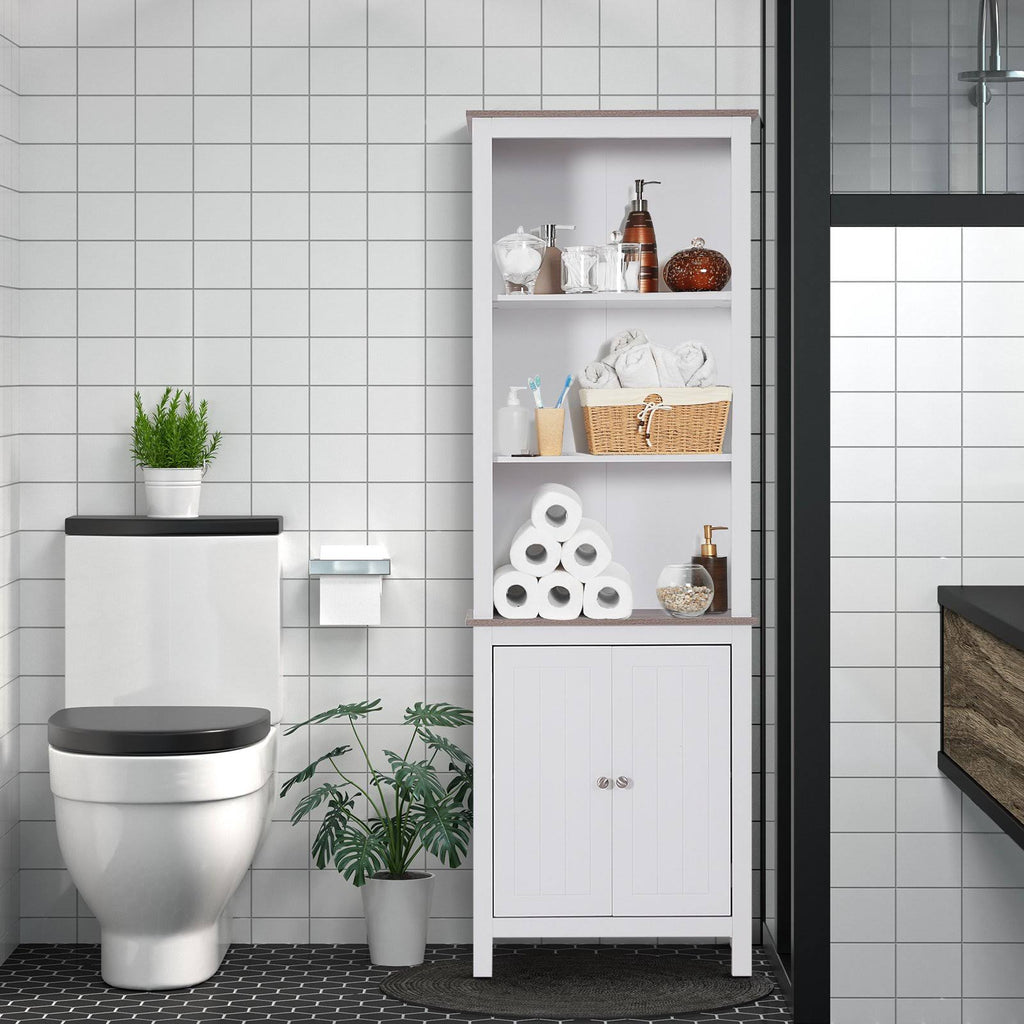 White Wood Free Standing Bathroom Linen Tower Storage Cabinet E23095