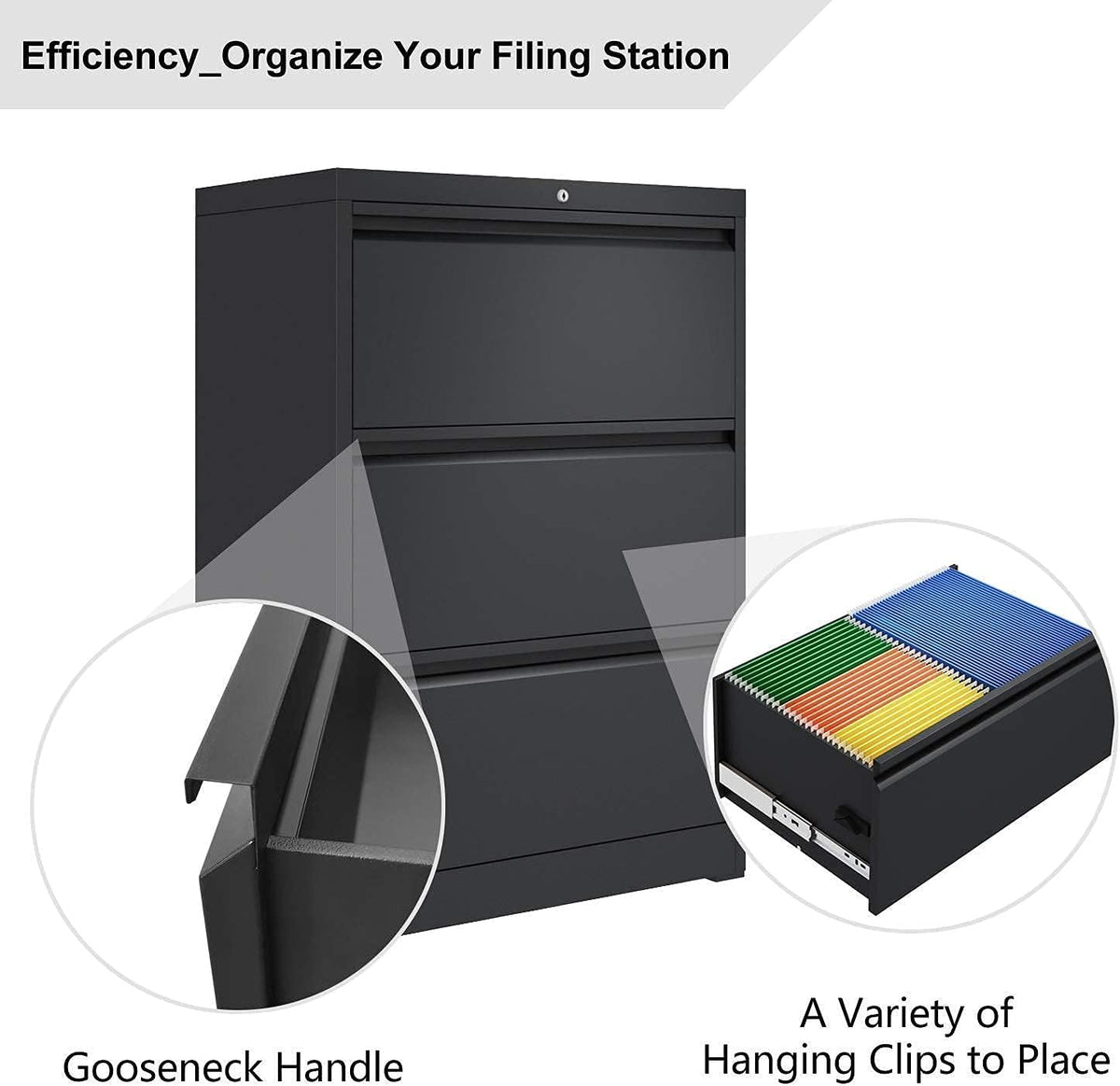 Black 3 Drawer Metal Lateral Filing Cabinet V656