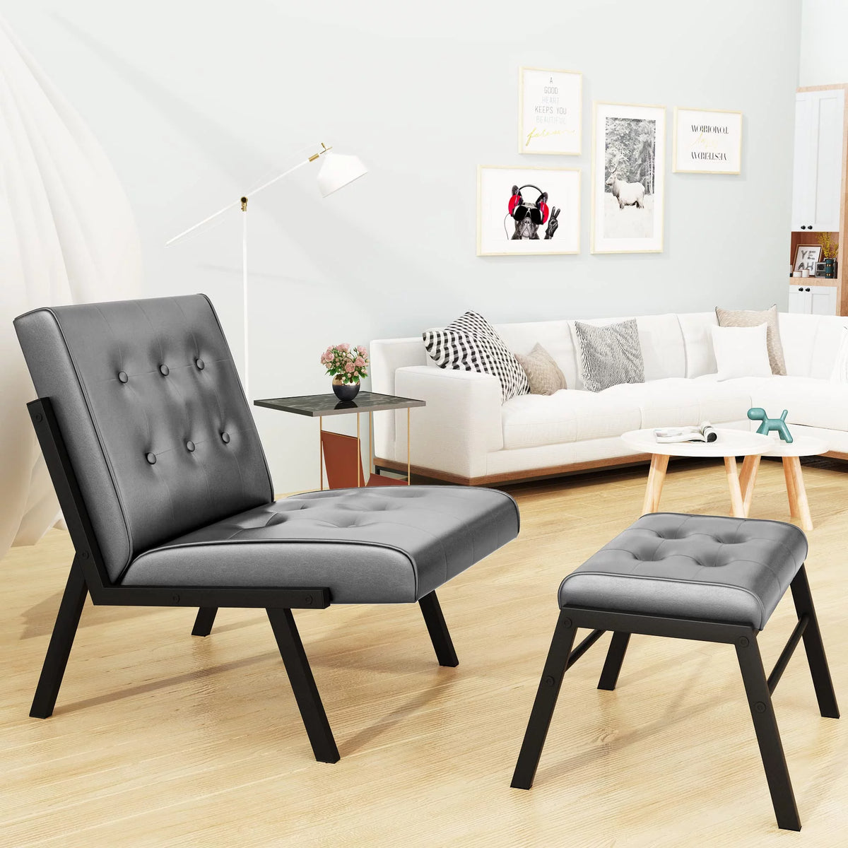 Grey Leather Accent Chair with Ottoman I4524