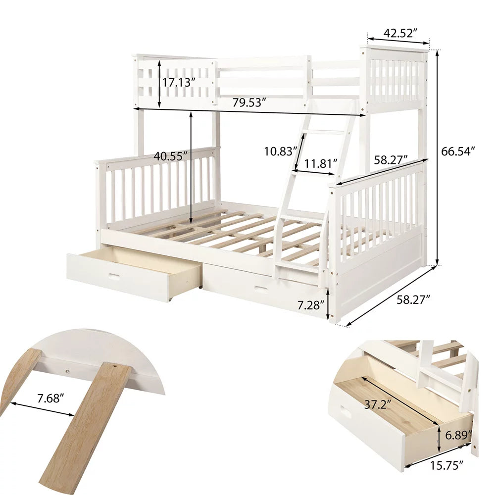 White Pine Wood Twin Over Full Bunk Bed with Two Storage Drawers Q842