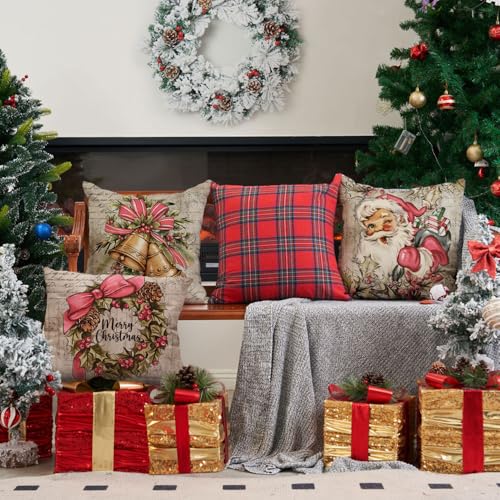 Christmas Pillow Covers 18x18 inch Set of 4 Santa Claus Reindeer Throw Pillow Covers E700