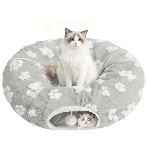 Christmas Cat Tunnel with Bowtie, Washable Circle Cushion and Plush Ball Toy, Red H416