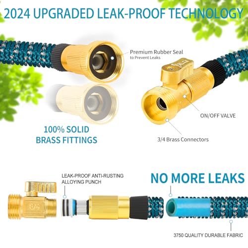 100 FT Expandable Garden Hose with 3/4" Solid Brass Fittings and 10 Pattern Spray Nozzle J9076