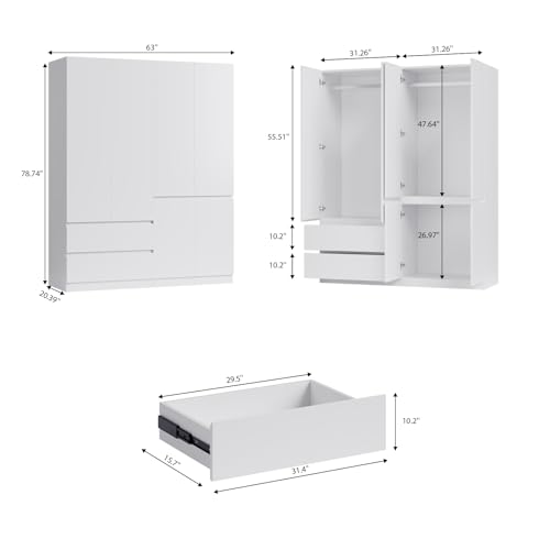 White 4 Door 2 Drawers Wooden Armoire Wardrobe D111