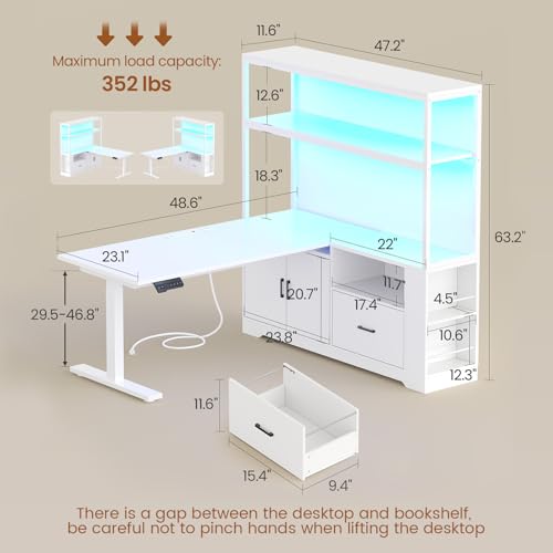 White L Shaped Standing Desk with Drawers & Hutch I543