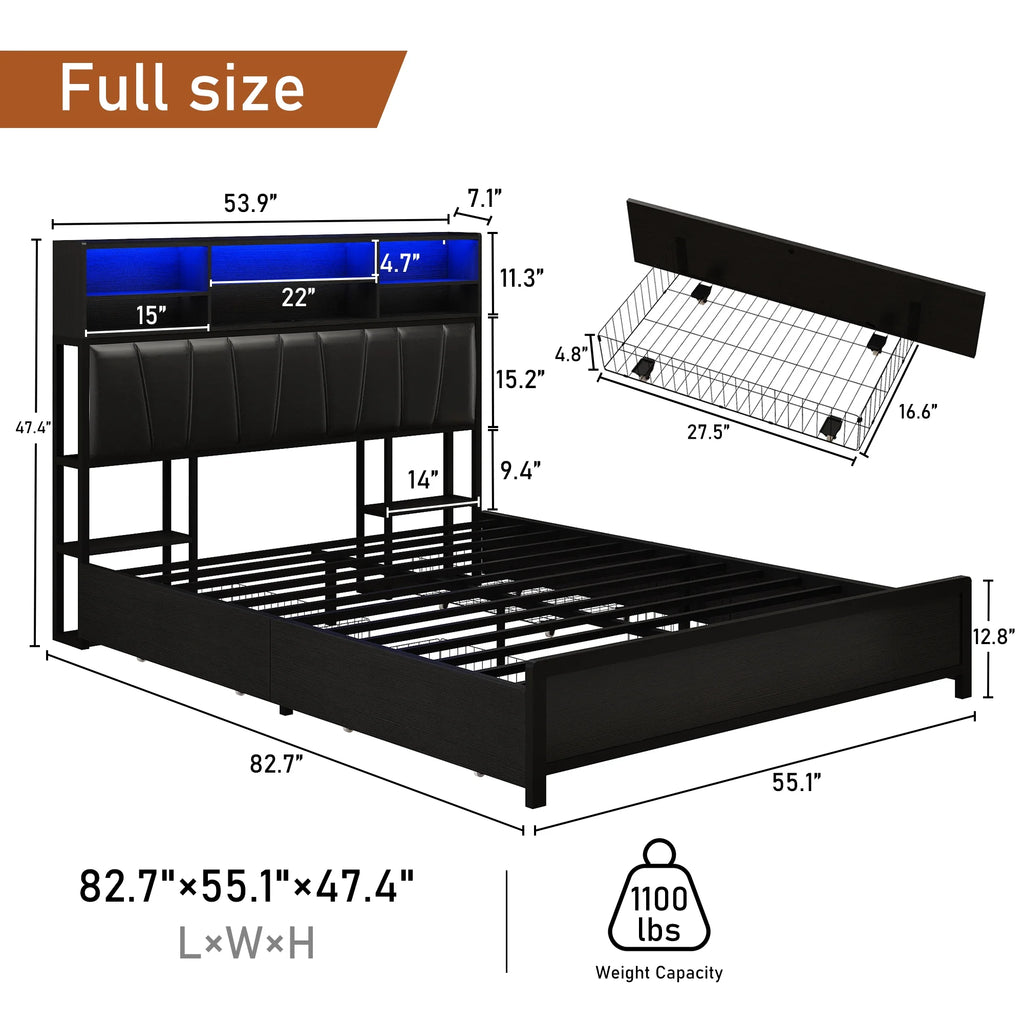 White Queen Size LED Storage Bed Frame with Charging Station R682