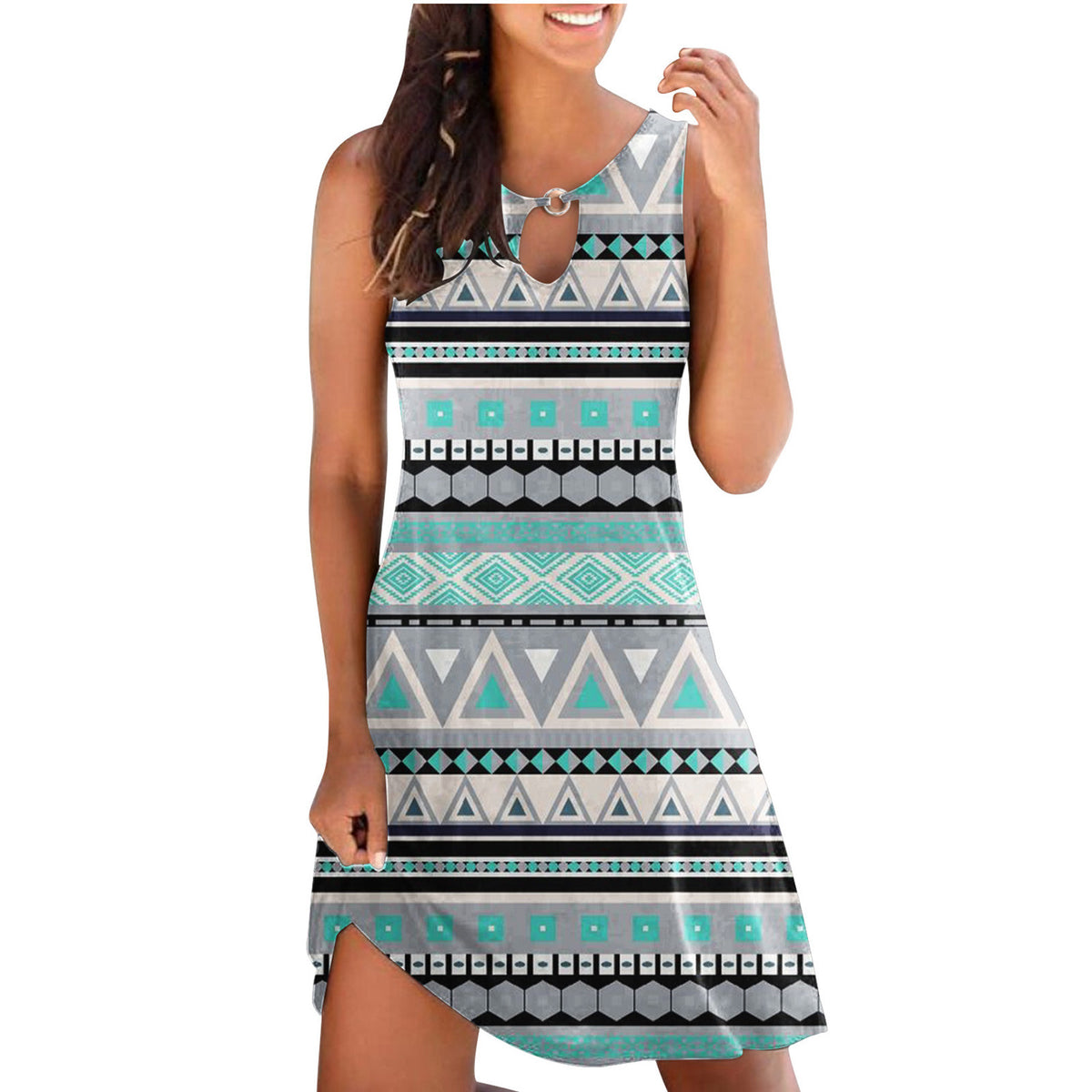 Sleeveless Crew Neck Boho Swing Dress K198815