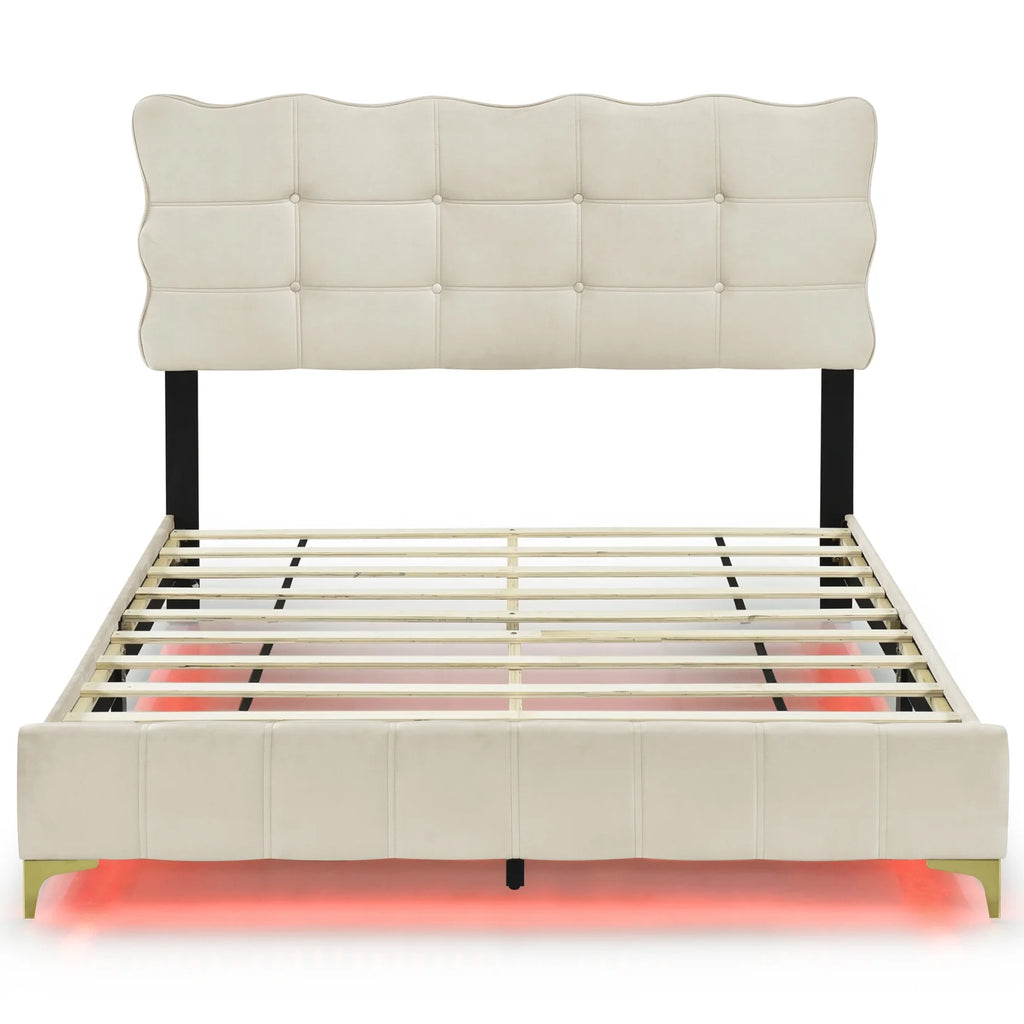 Queen Size Beige Velvet Upholstered Platform Bed with LED D97860