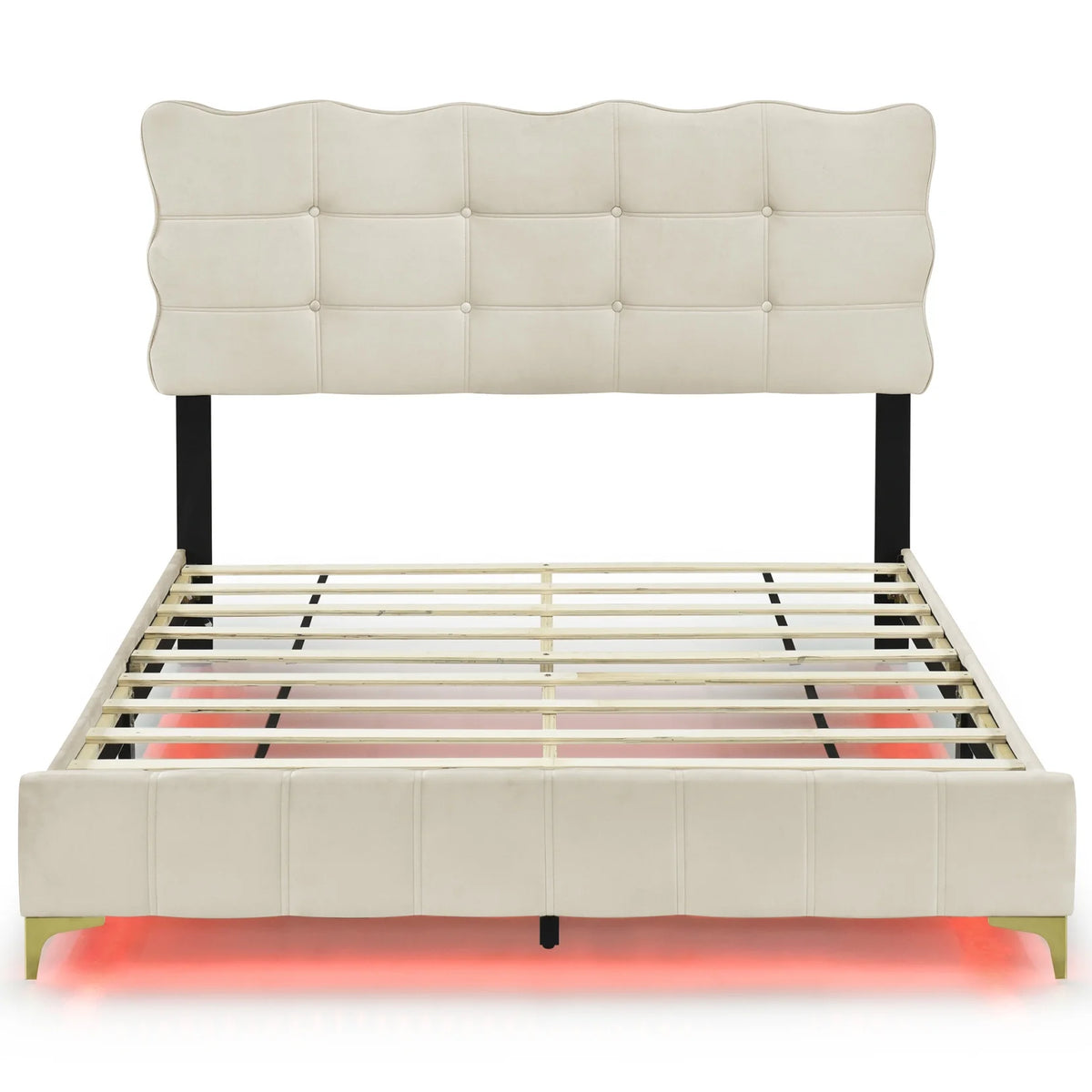 Queen Size Beige Velvet Upholstered Platform Bed with LED D97860