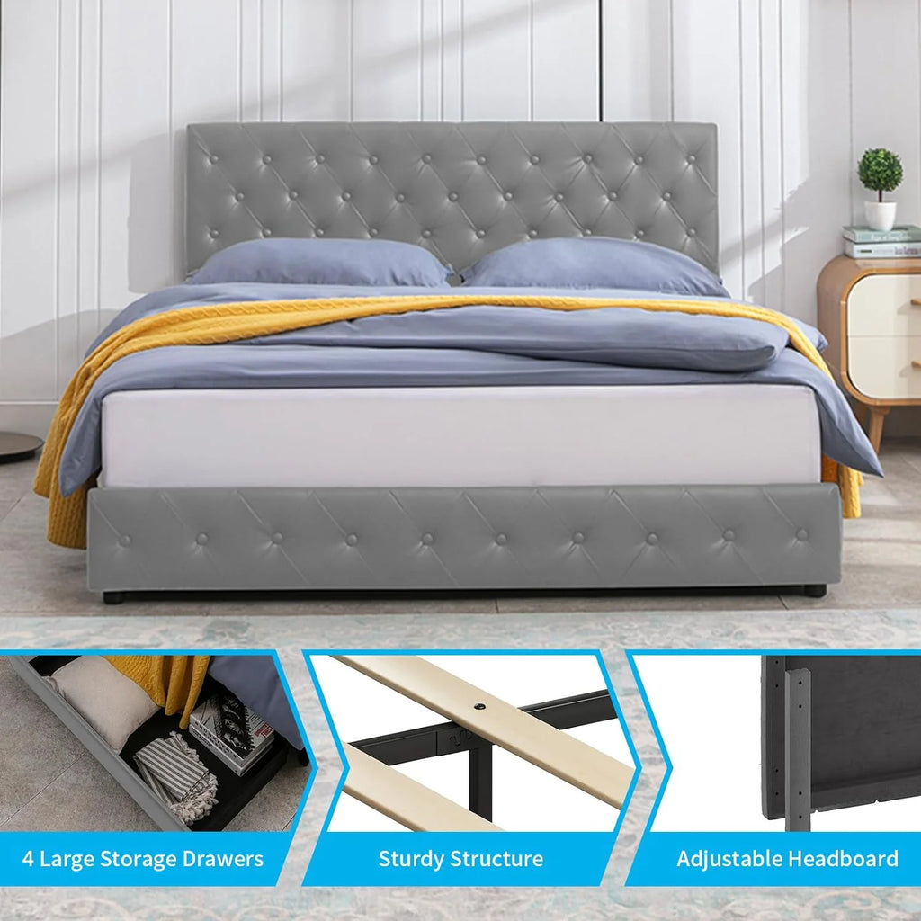 Upholstered California King Platform Bed Frame with 4 Storage Drawers N2627