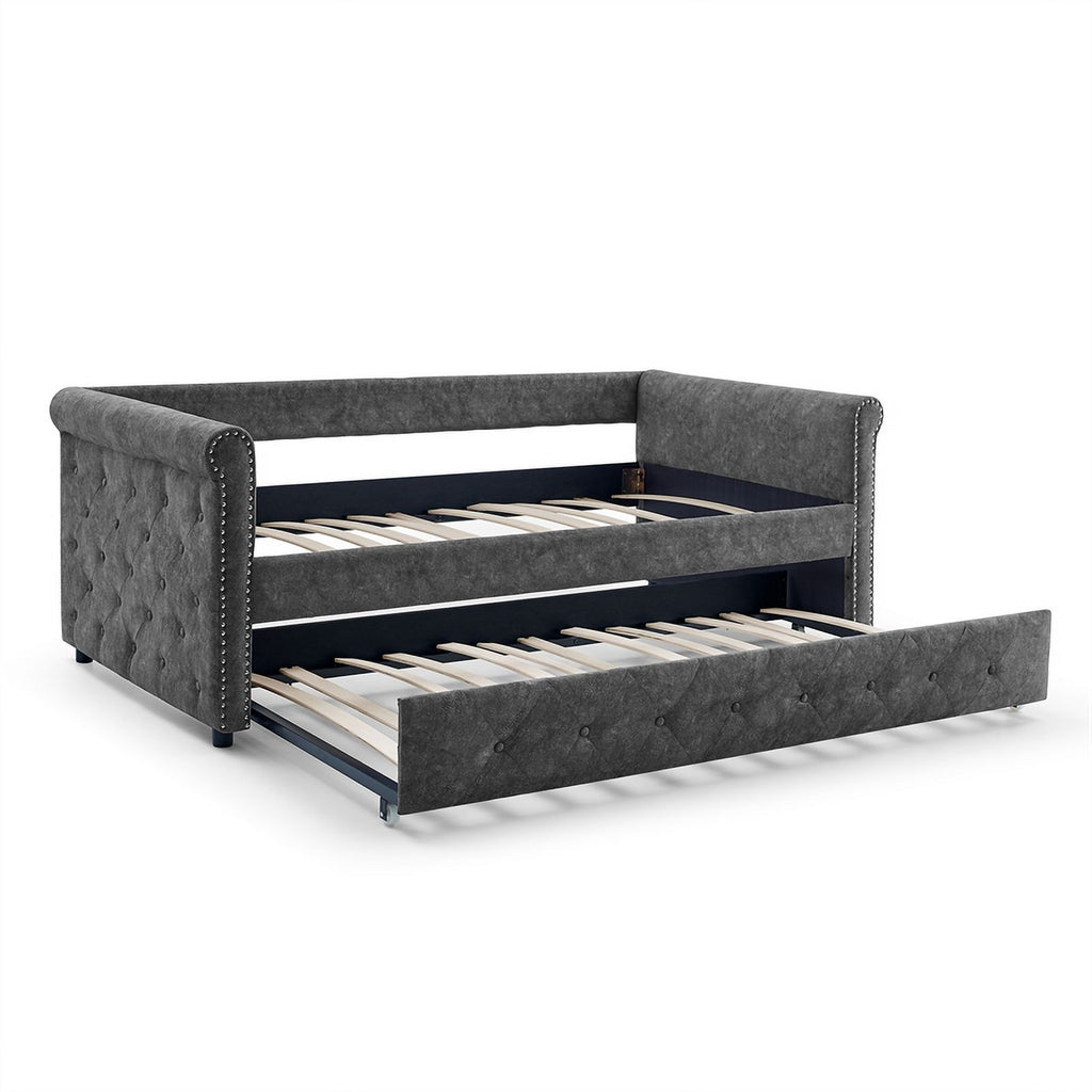 Gray Upholstered Tufted Sofa Bed With Rollers F6393